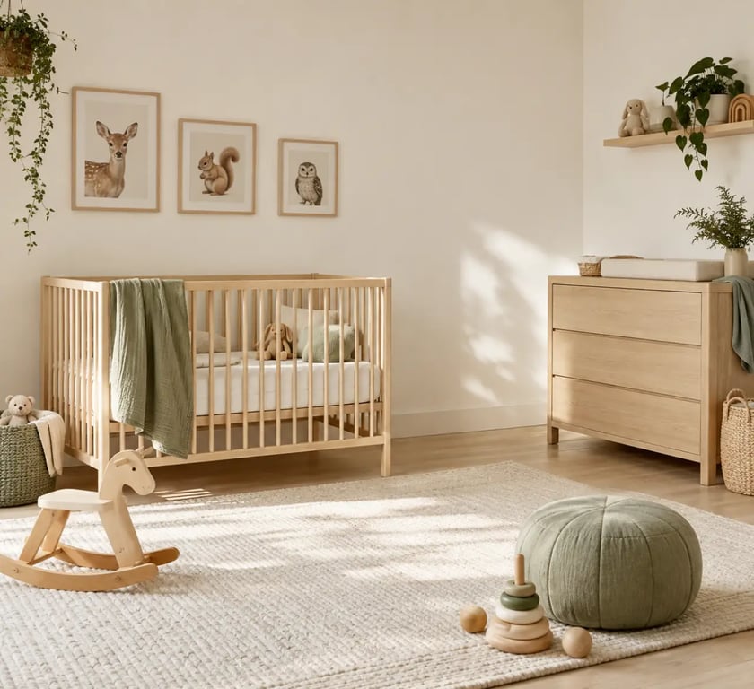 Chambre de bébé mixte et neutre avec décoration nature, bois clair et vert sauge