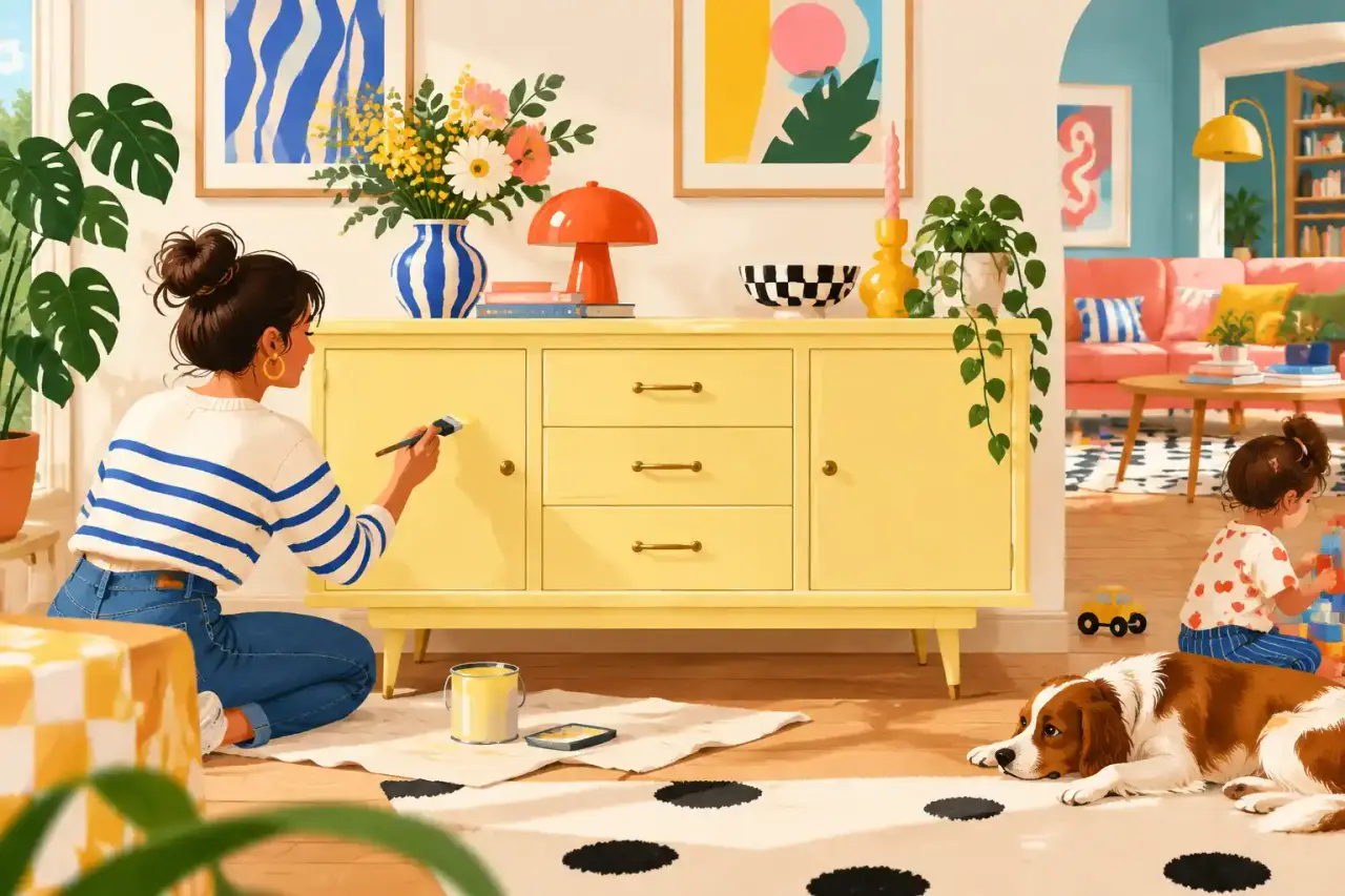 Buffet vintage repeint en jaune beurre dans une pièce familiale colorée