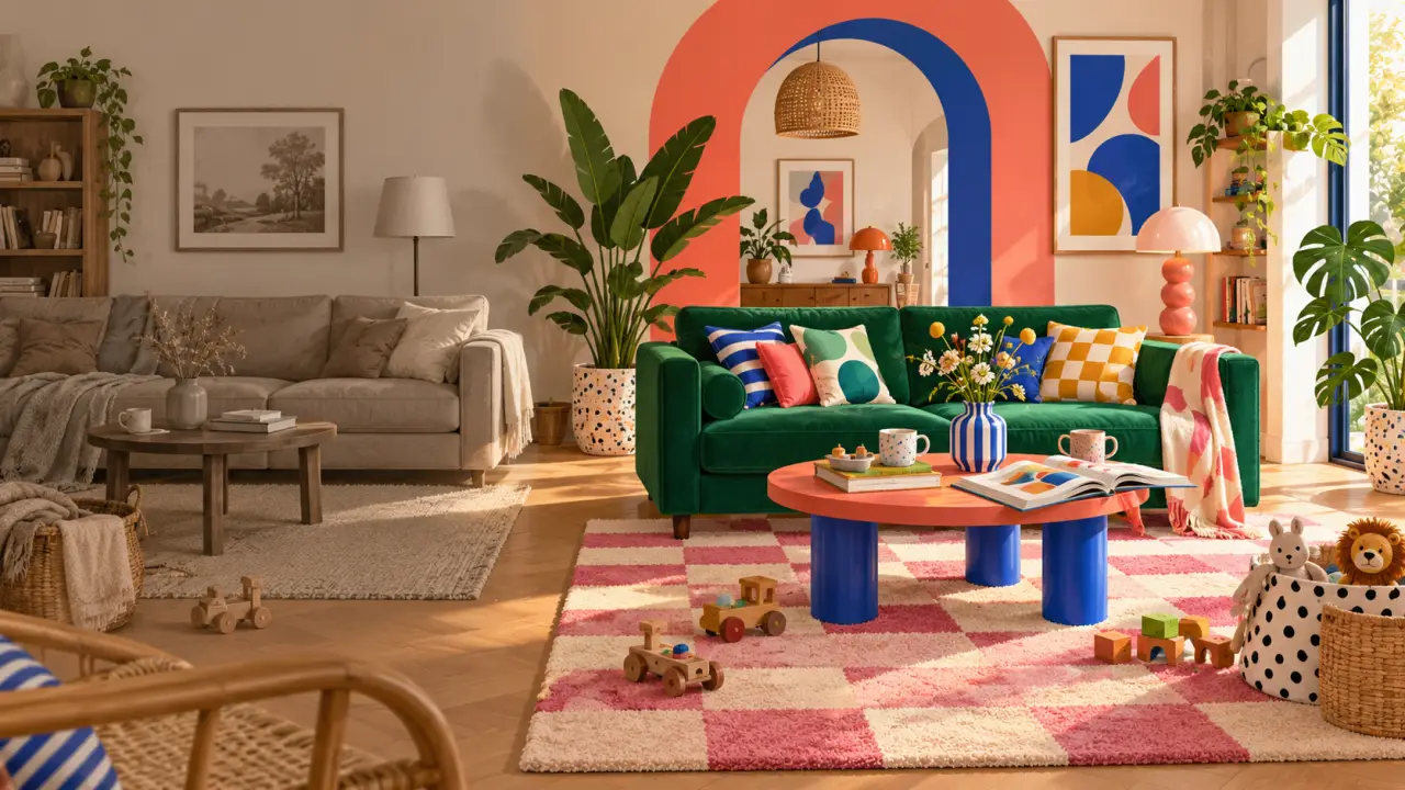 Salon familial coloré de style Memphis avec canapé moutarde et accessoires graphiques