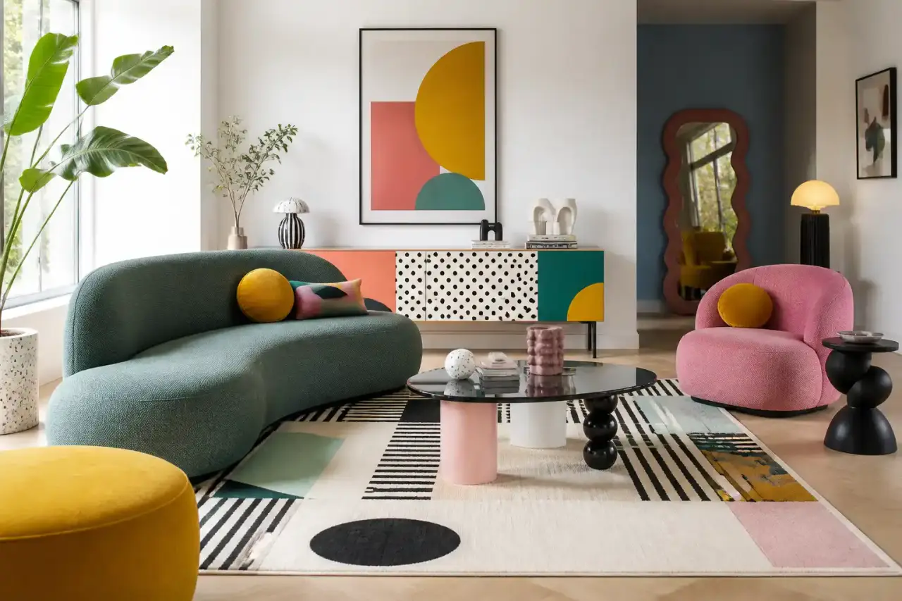 Salon familial moderne inspiré Memphis, canapé jaune moutarde, formes géométriques et ambiance colorée