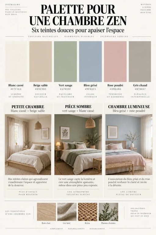 Couleurs pour une chambre zen : palette de teintes douces avec bois clair, lin et plantes