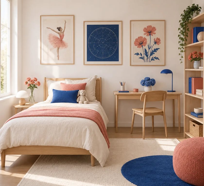 Tableau chambre fille coloré avec composition murale inspirée de ses passions