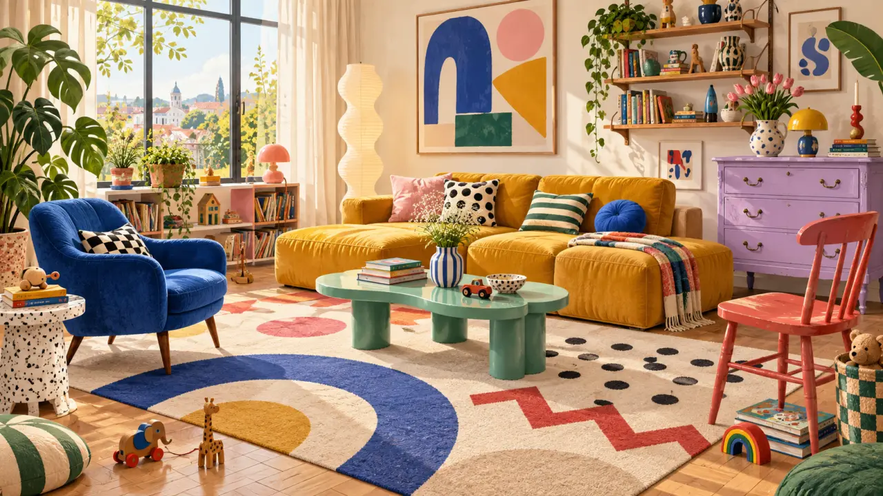 Salon familial coloré avec des meubles dépareillés et des formes graphiques