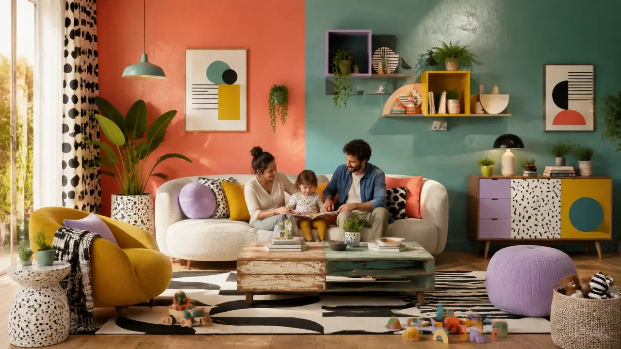 Salon familial moderne style Memphis avec canapé jaune, formes géométriques colorées et ambiance joyeuse