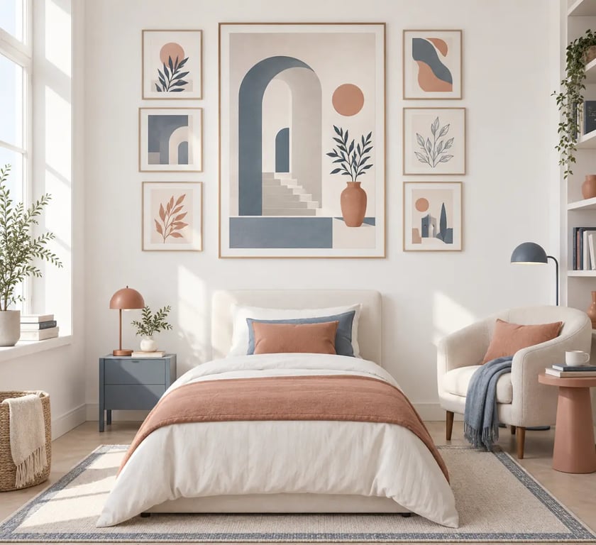 Tableau chambre fille avec composition murale évolutive au-dessus du lit