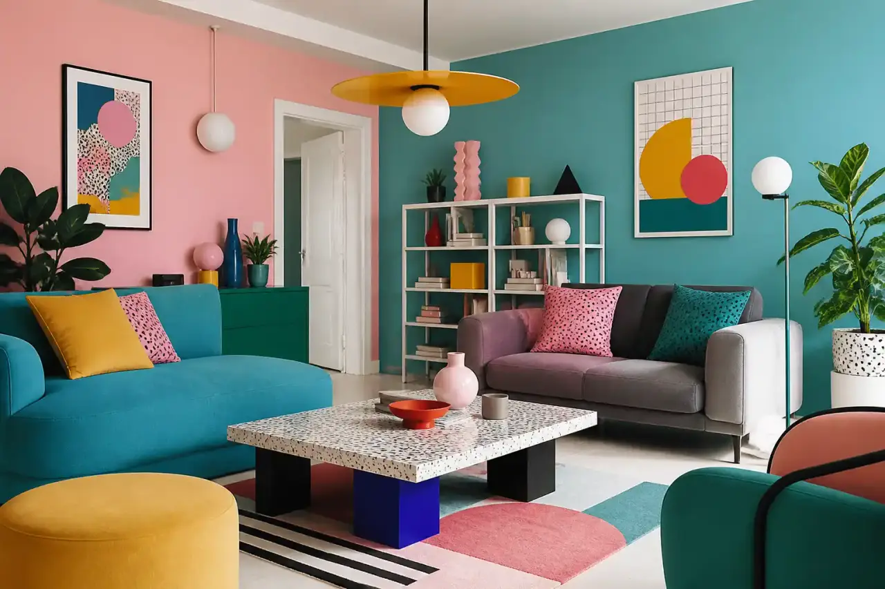 Salon familial moderne stylisé Memphis Design avec canapé jaune moutarde, coussins graphiques et enfants qui jouent au sol