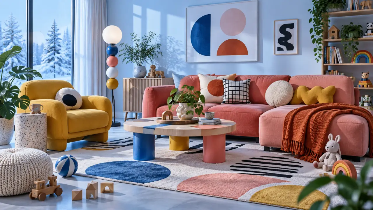 Salon familial coloré inspiré du style Memphis, avec canapé chaleureux et formes graphiques