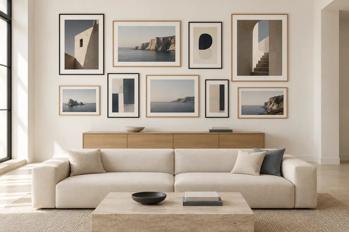 Exemple de mur de cadres harmonieux dans un salon