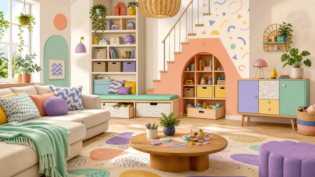 Salon familial moderne style Memphis avec couleurs pastel, formes géométriques et ambiance joyeuse