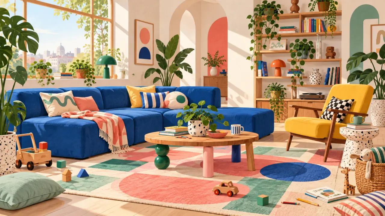 Salon familial coloré dans un style Memphis avec meubles récupérés et jouets d'enfants