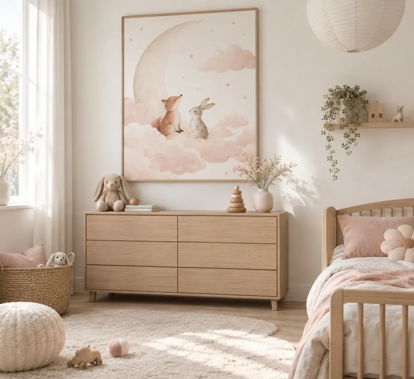 Tableau chambre fille avec affiche personnalisée dans une chambre d’enfant aux teintes pastel