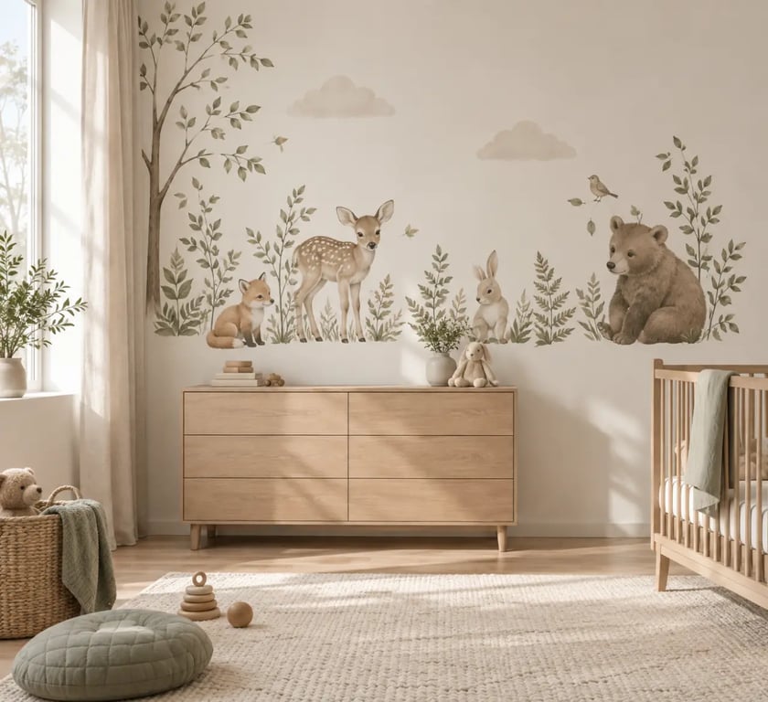 Stickers muraux chambre bébé avec animaux, nuages et feuillages dans une décoration douce