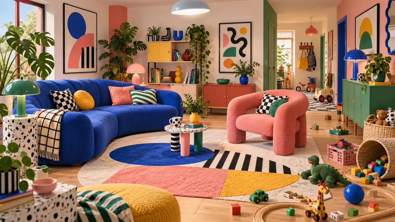 Salon familial coloré inspiré du style Memphis avec canapé jaune, formes géométriques et enfants qui jouent