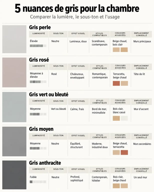 Nuances de gris pour une chambre et leurs associations de couleurs