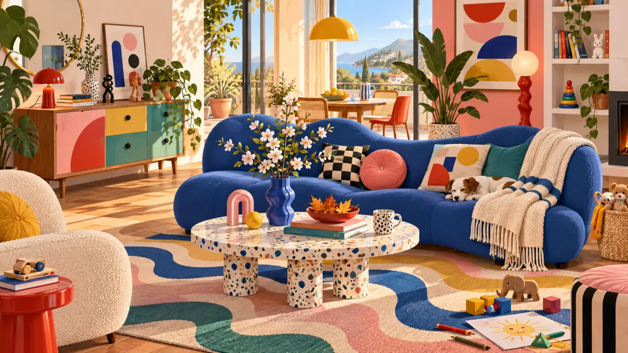 Salon familial coloré inspiré du style Memphis avec canapé arrondi et formes géométriques