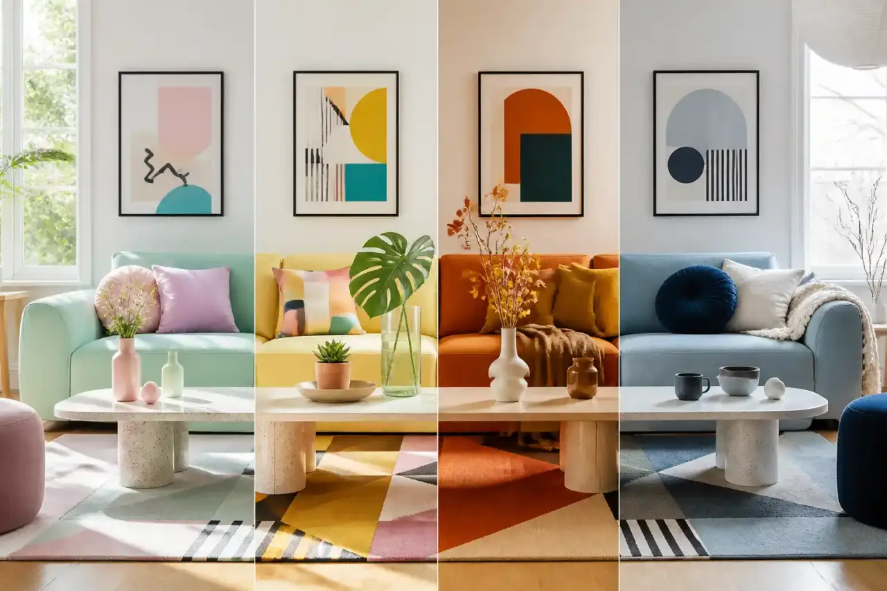 Salon familial moderne stylisé Memphis Design, canapé jaune moutarde, coussins à pois noirs et blancs, mur rose pastel et formes géométriques flottantes