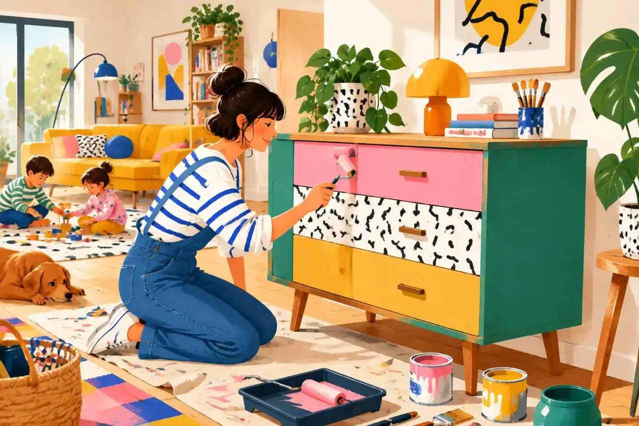 Atelier d'upcycling de meuble coloré style Memphis