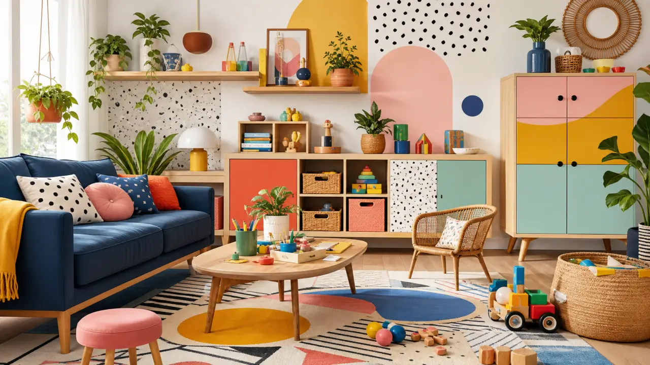 Salon familial style Memphis avec jouets colorés et mobilier graphique