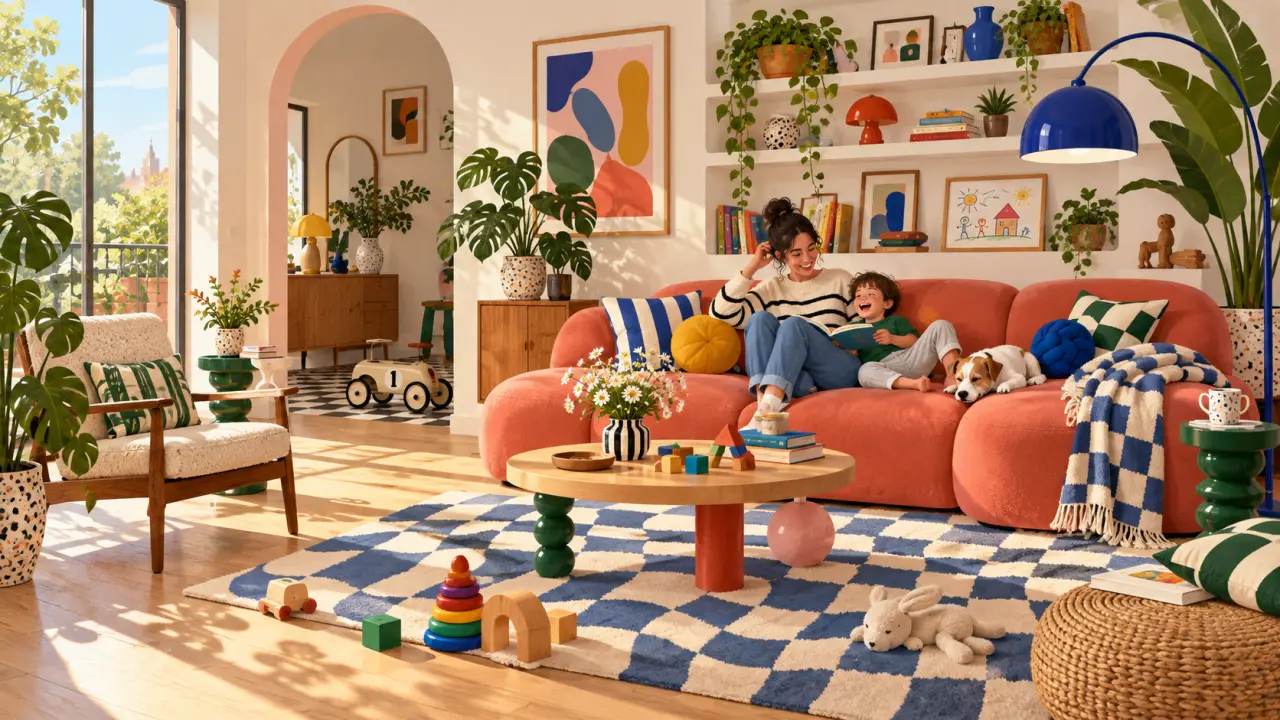 Salon familial coloré au style Memphis avec canapé jaune, formes géométriques et enfants qui jouent