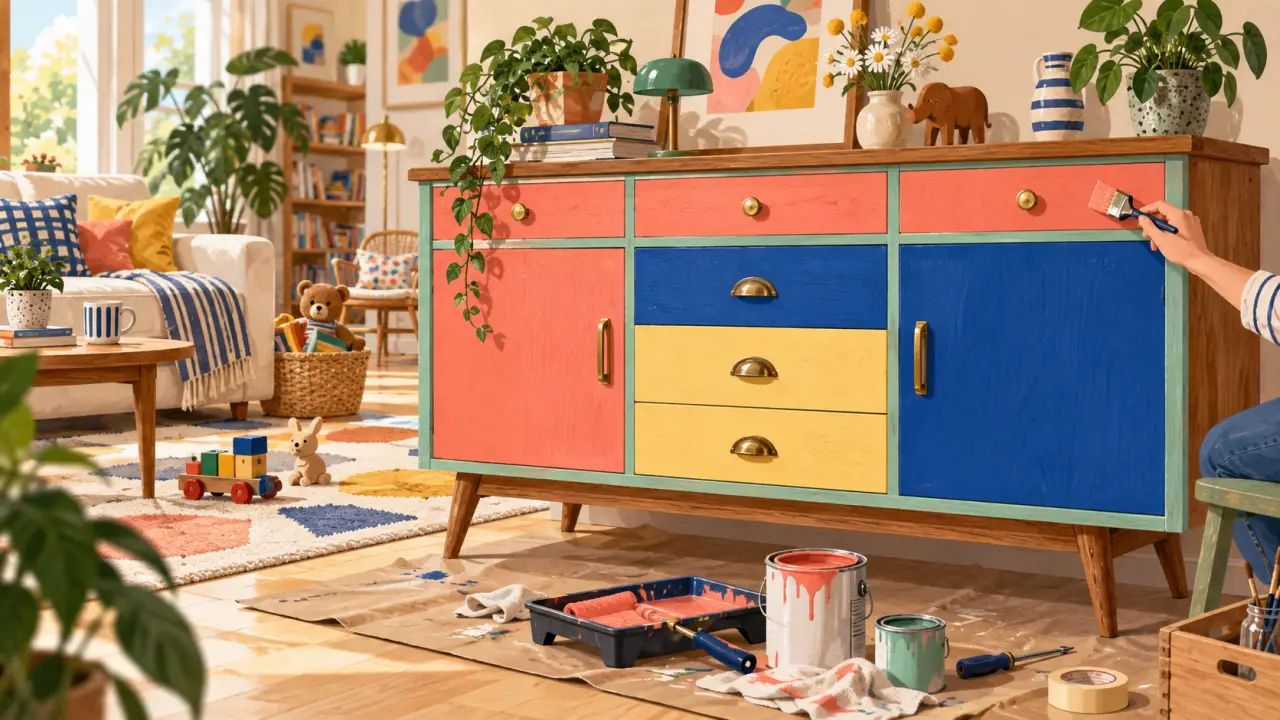 Buffet vintage repeint dans une couleur joyeuse au cœur d’un intérieur familial