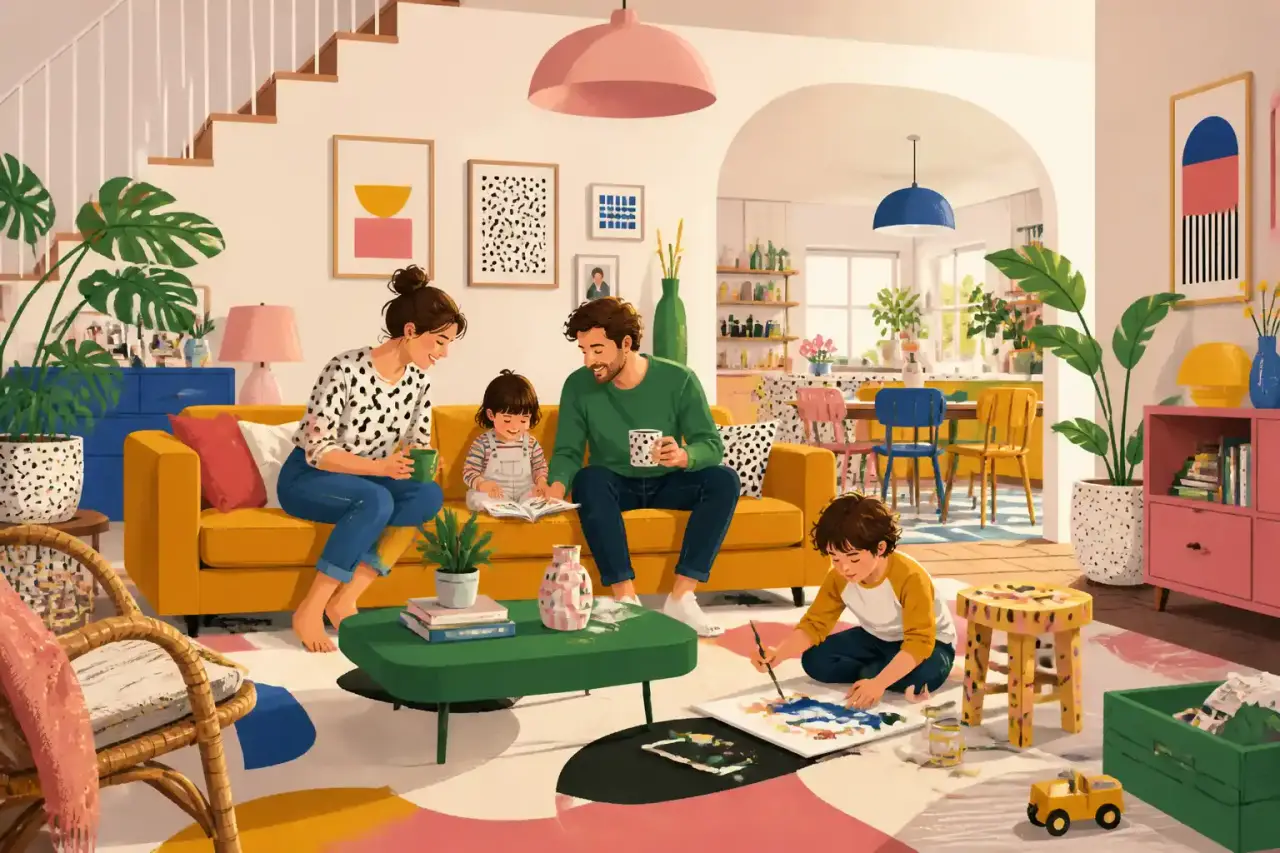 Salon familial coloré style Memphis avec des touches graphiques et ludiques