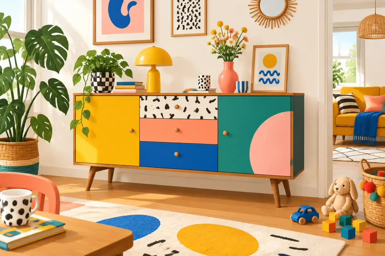 Buffet ancien repeint dans des couleurs Memphis au milieu d'un salon familial