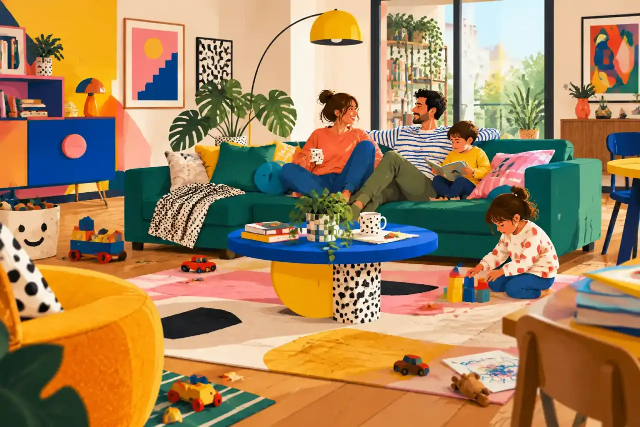 Salon familial coloré décoré dans un style Memphis avec canapé jaune et formes géométriques