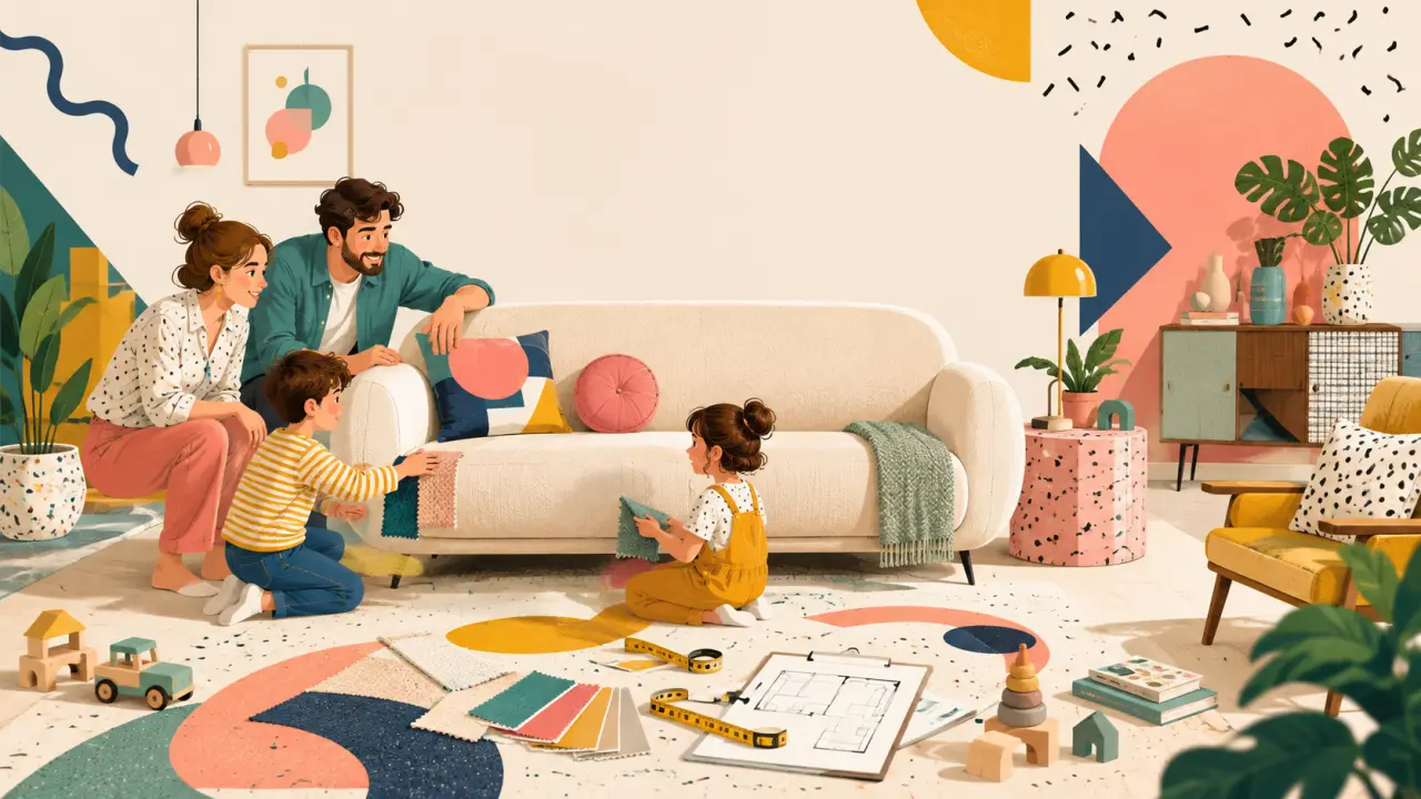 Salon familial moderne stylisé Memphis avec canapé jaune moutarde, formes géométriques et ambiance colorée