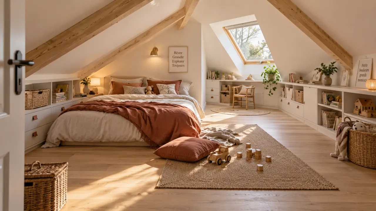 Chambre sous comble : chaque hauteur guide le lit, les rangements et la lumière