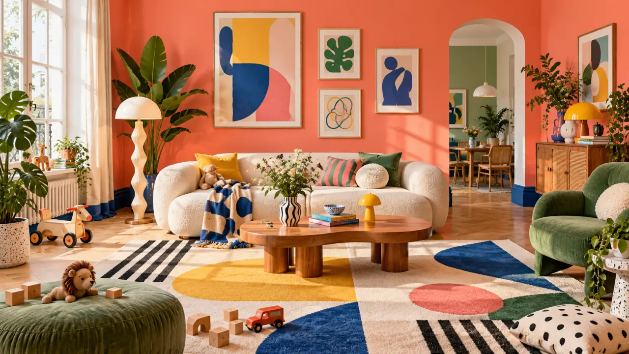 Salon familial coloré avec des plinthes peintes dans une teinte assortie aux murs