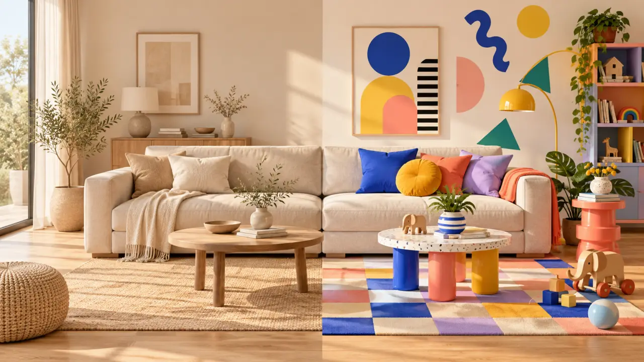Salon familial beige transformé par des touches colorées inspirées du style Memphis