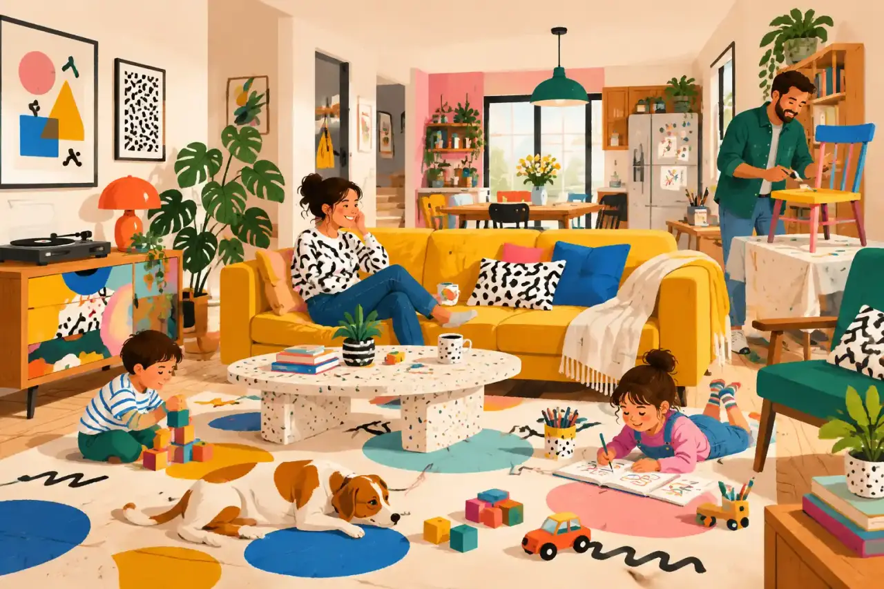 Salon familial coloré de style Memphis avec enfants qui jouent