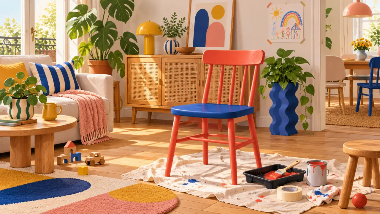 Chaise ancienne relookée avec une peinture colorée dans un intérieur familial