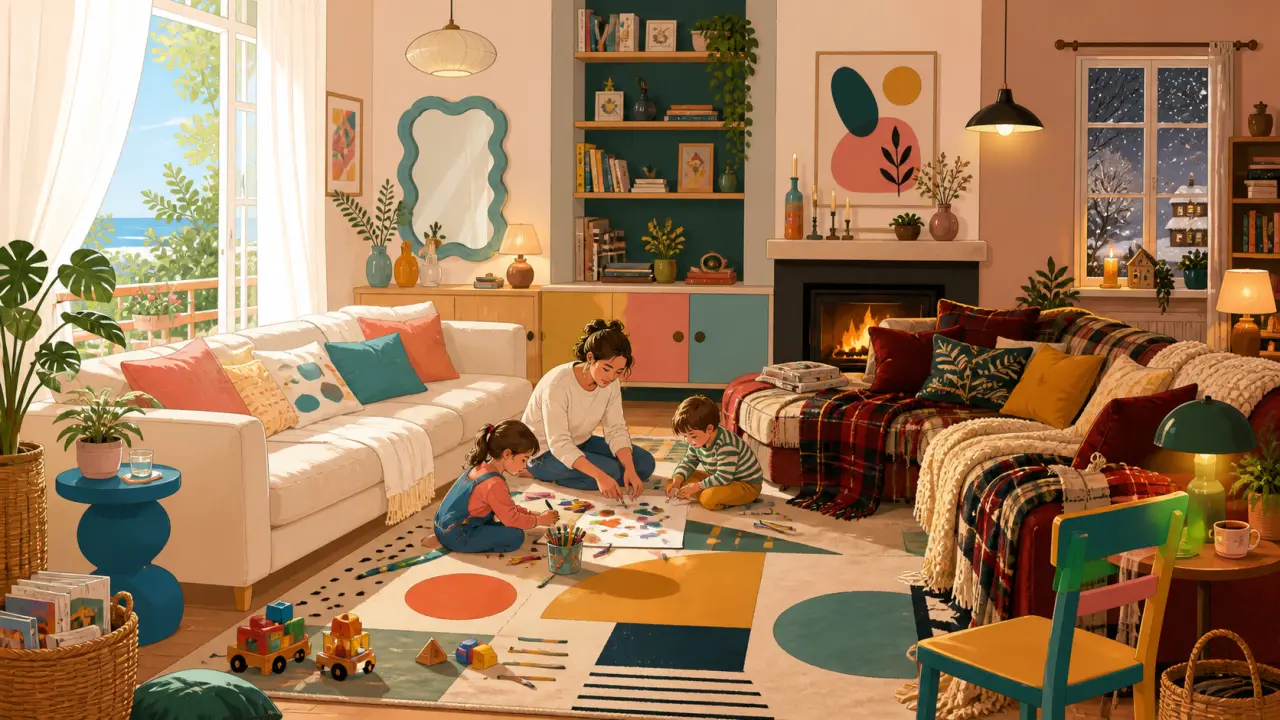 Salon familial stylisé Memphis avec tissus saisonniers et couleurs pop