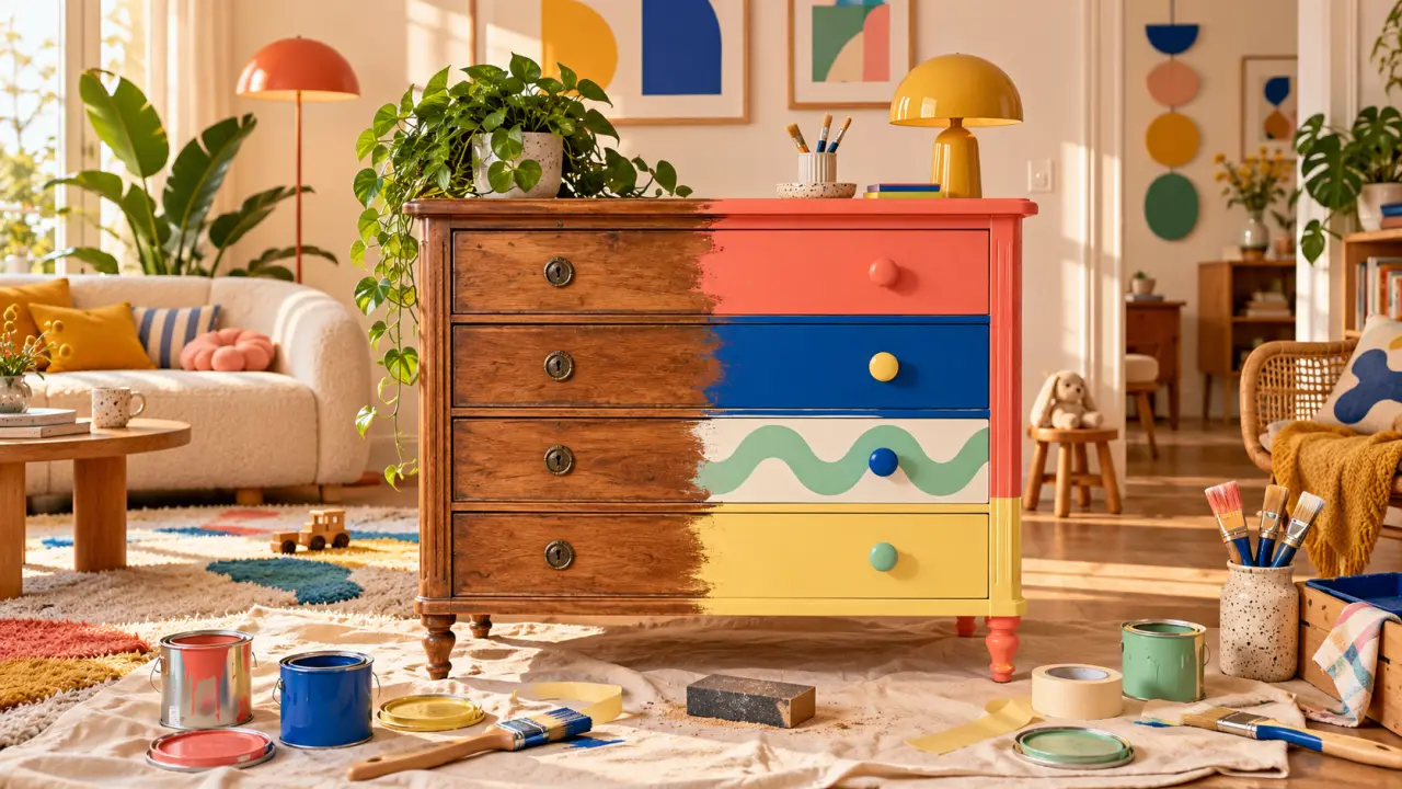 Commode vintage relookée dans un intérieur familial coloré