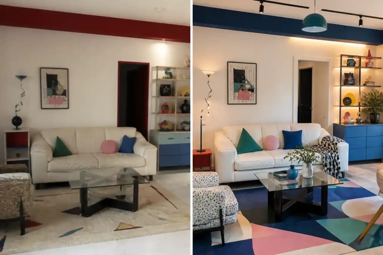 Salon familial stylisé Memphis avec couleurs pop et mobilier upcyclé