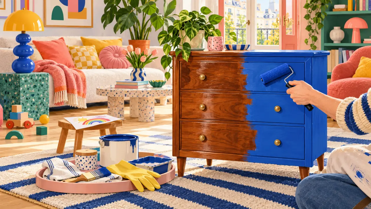 Meuble verni repeint dans une couleur vive au cœur d'un intérieur familial