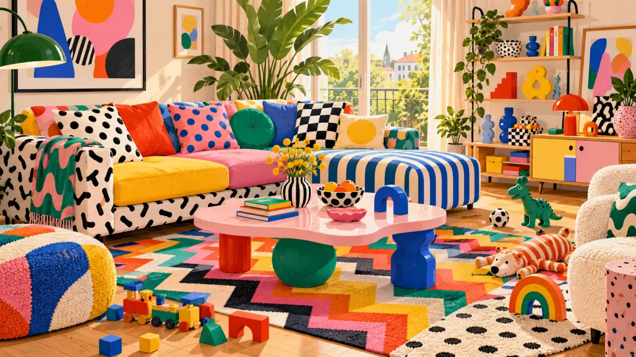 Salon familial coloré inspiré du style Memphis, avec canapé jaune et formes géométriques
