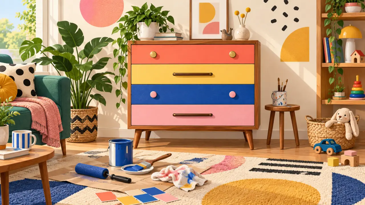 Commode vintage relookée avec une peinture colorée dans un intérieur familial